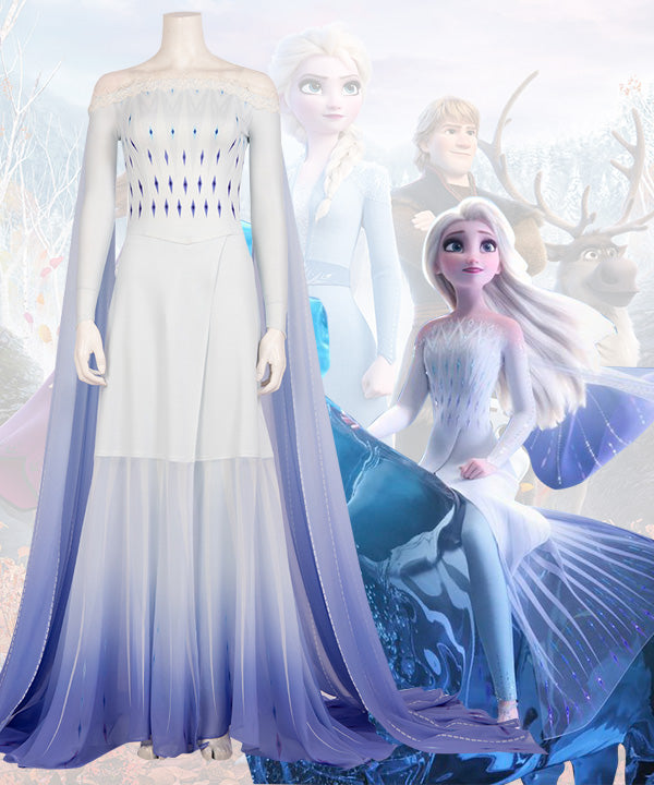 Disney Frozen 2 Elsa Snow Queen Blue White Dress Cosplay Costume